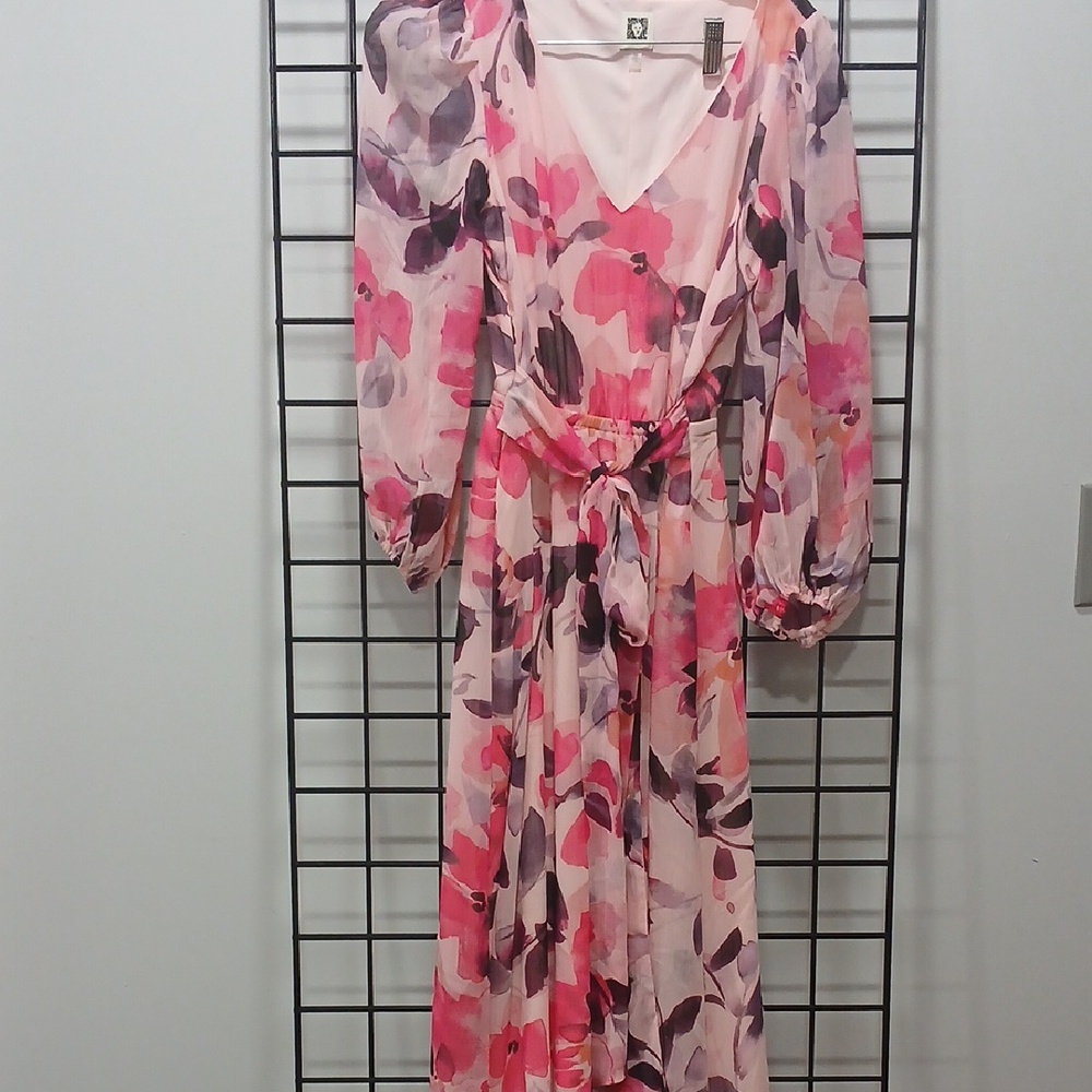 Anne Klein Pink and Orange Wrap Sundress with Bishop Sleeves